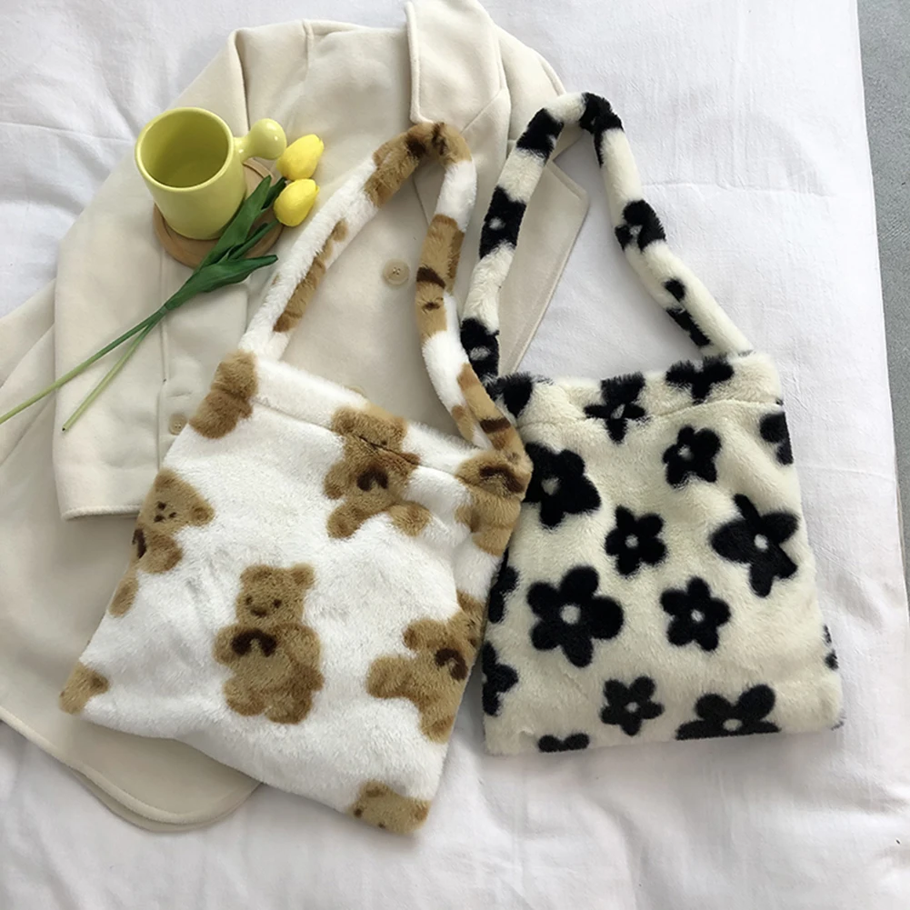 

Fashion Women Flower Print Plush Shoulder Bag Winter Large Tote Handbags women's fur bag purses and handbags 2021 designer bag