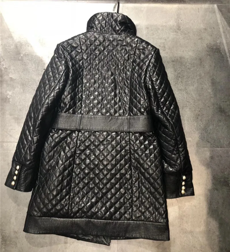 Brand Design Women Genuine Leather Jacket Coat Spring Classical Plaid Double Breasted Real Leather Jacket Belt