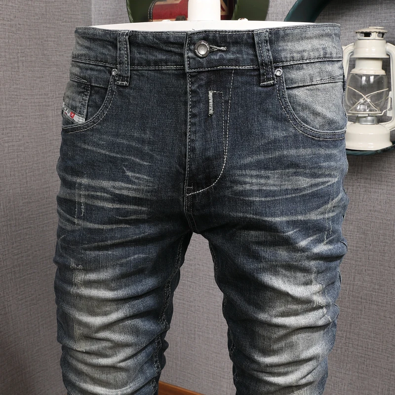 Italian Vintage Fashion Men Jeans High Quality Retro Blue Elastic Cotton Slim Ripped Jeans Men Distressed Designer Denim Pants