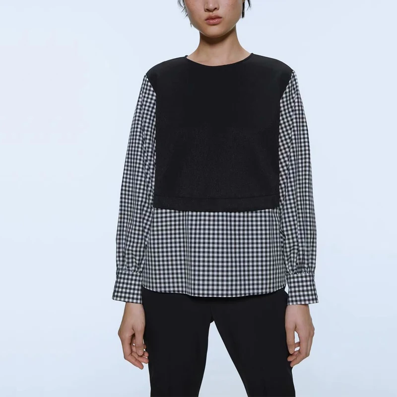 Осенне зимняя женская рубашка Повседневная в клетку с круглым вырезом и длинным