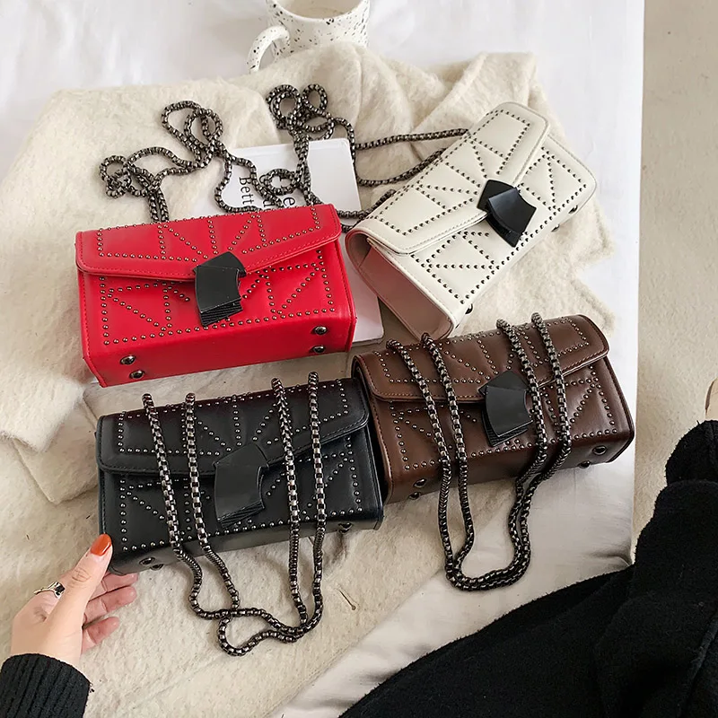 

Personality Rivet Shoulder Bag For Women Wild Fashion Leather Mini Chain Underarm Bag New High Quality Girl Solid Handbag X184HT