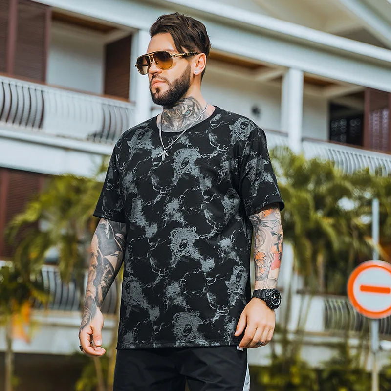 

2021 Summer Mesh Camouflage Oversized T Shirt Men Loose T-shirt Fat man Tops Crew Neck Cotton Casual Tee Shirt Clothes