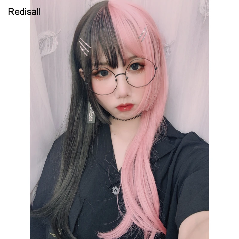 Милая длинная прямая челка с бахромой смешанного розового коричневого цвета в