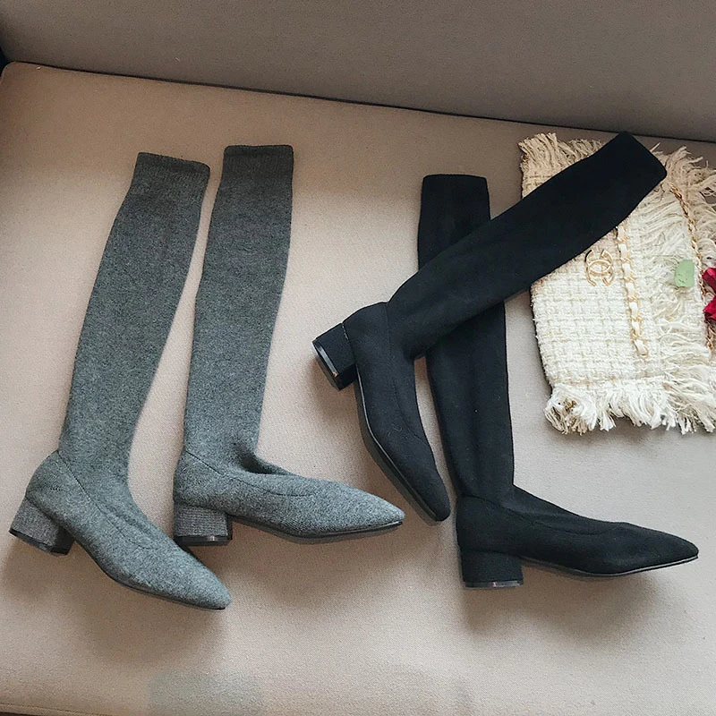 Сапоги чулки выше колена женские тянущиеся вязаные однотонные Ботинки Челси без