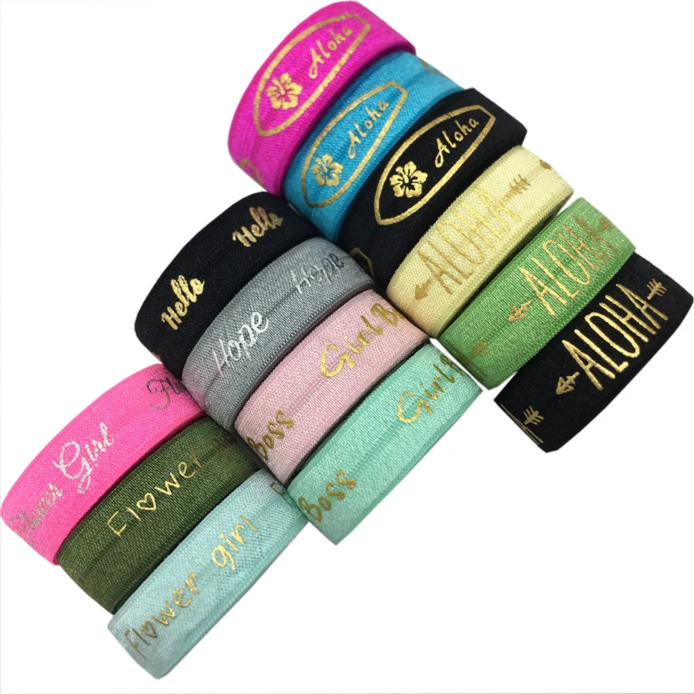 

10Y 15mm Gold Foil Flower Girl Hello Print Letter Fold Over Elastic FOE Ribbon Webbing For Headwear Hair Sewing Accessories