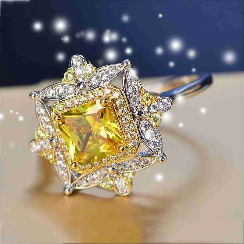 Роскошные 925 anillos серебряное цитриновое белое топаз Свадебные Коктейльные Вечерние кольца для женщин AAAA циркониевое кольцо ювелирные изделия