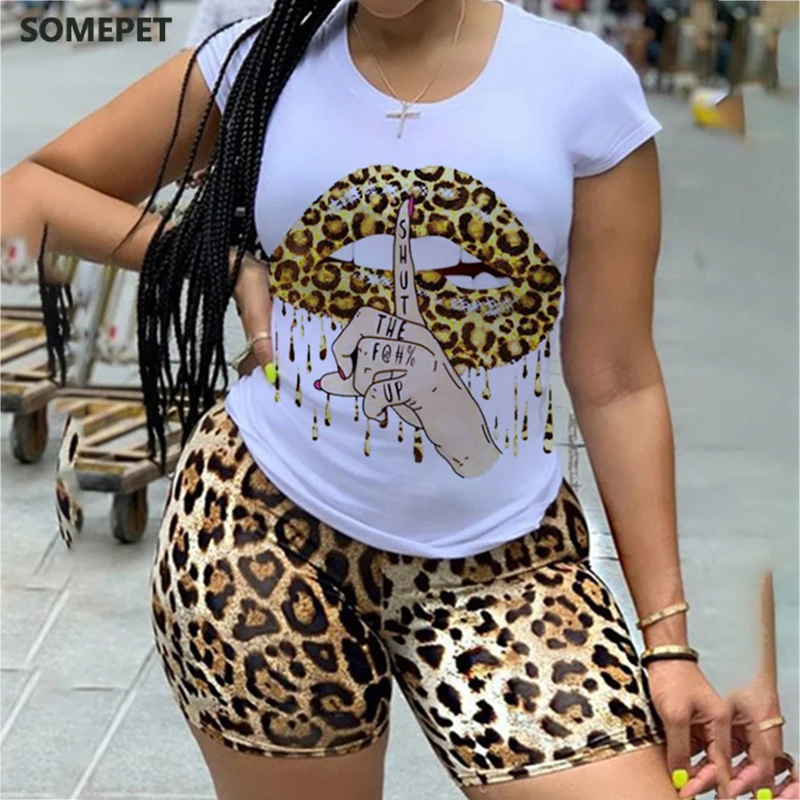 

Plus Size 5XL Two Piece Set for Women Tracksuit Lips Short Sleeve Top Leopard Shorts Sweat Suit 2 Pcs Outfits Matching Sets