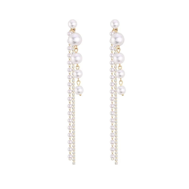 Модные длинные висячие серьги F2TD с имитацией жемчуга и кисточками модные