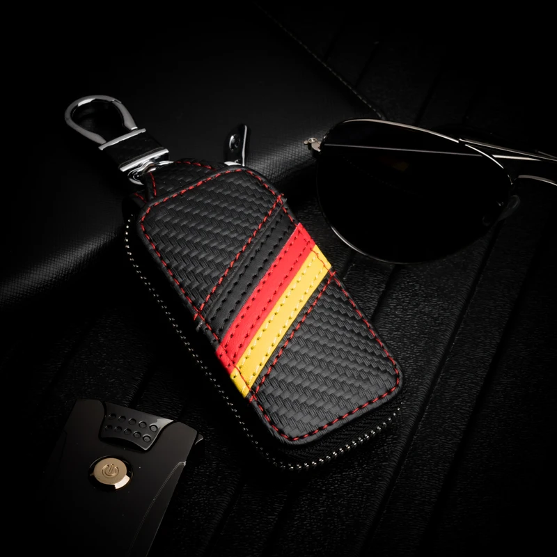 Чехол для ключей автомобиля из углеродного волокна и натуральной кожи на молнии