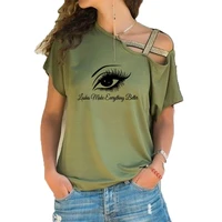 beautiful lash woman beauty salon tee shirt woman art fashion irregular skew cross bandage style tee tops