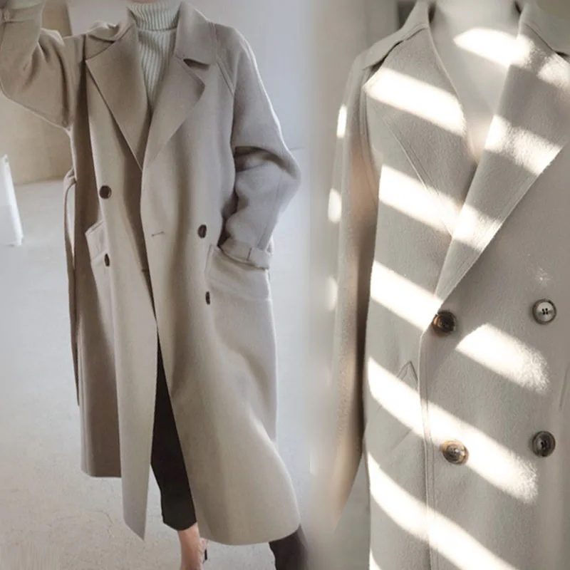 

2021Winter White Wool Overcoat Coat Women Wide Turndown Collar Belt Pocket Wool Blend Coat Oversize Long Trench Outerwear Female