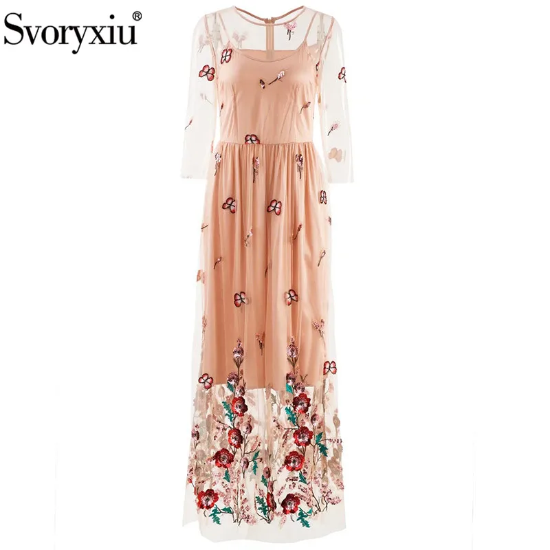 

Svoryxiu 2022 New Women's Summer Sexy Party Transparent Mesh Maxi Dress High Quality Sequins Embroidery Runway Long Dresses