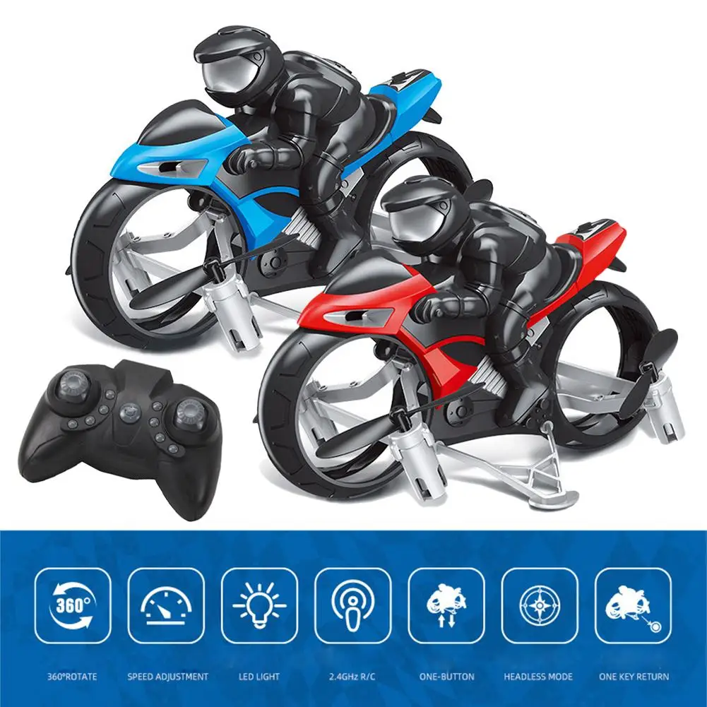 2 4 ГГц Радиоуправляемый мотоцикл в 1 Land Air Flying Motos Дрон игрушки с вращением на 360
