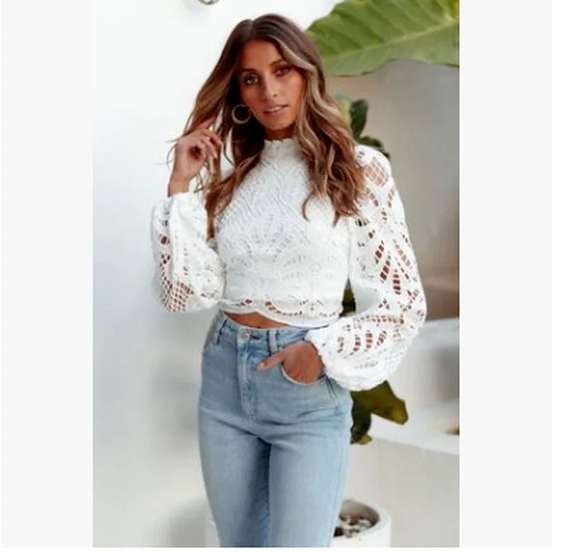 Женские кружевные блузки с длинным рукавом белые топы вязаные крючком
