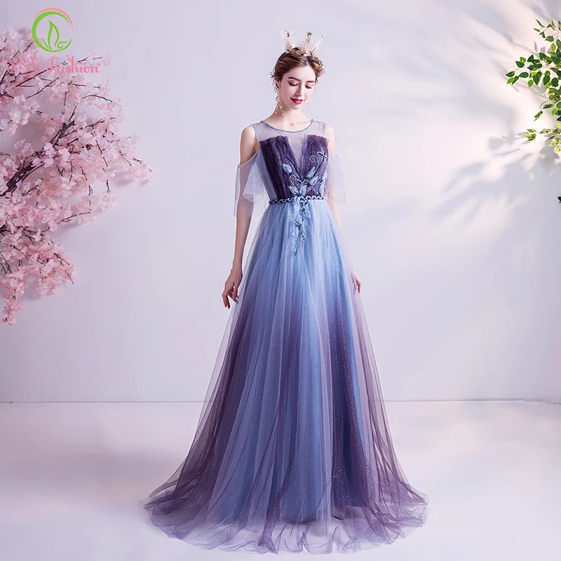 Женское банкетное платье SSYFashion элегантное сине фиолетовое вечернее с градиентом