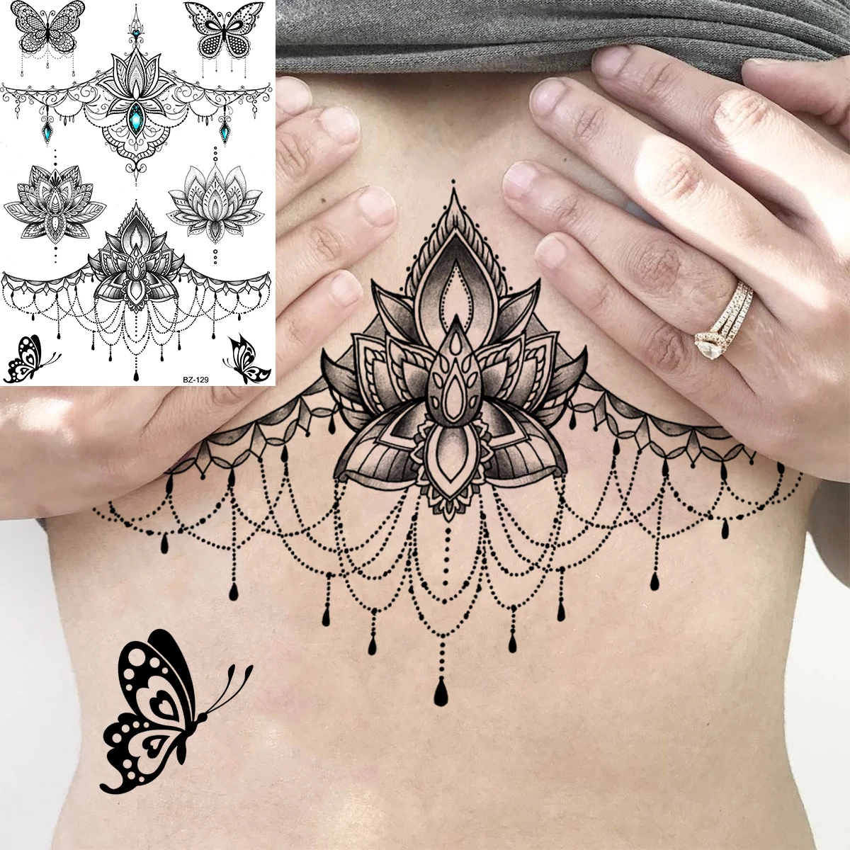 Лотоса серьги Henna Mandala грудь Временные татуировки для Для женщин обнаженной груди
