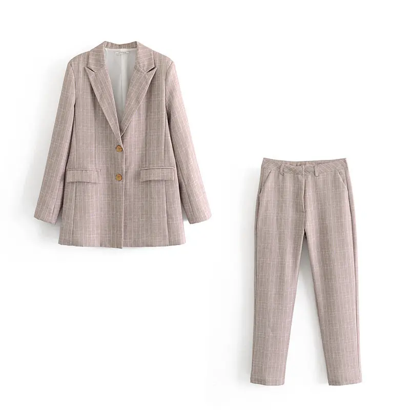 TOP AND PANT Женский костюм для отдыха, полосатый Блейзер, однобортный офисный костюм, прямые брючные костюмы с высокой талией, осенне-зимний комплект из двух предметов - Цвет: TOP AND PANT