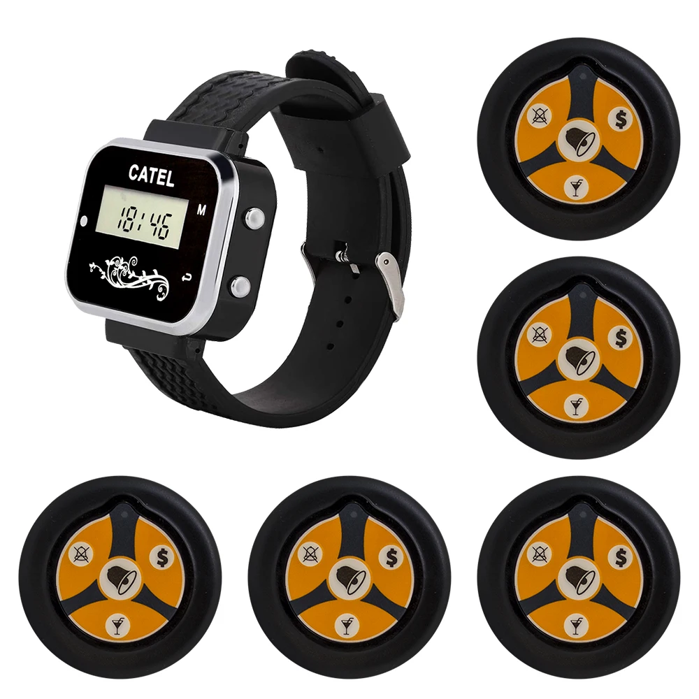 CATEL 5 Call Button Transmitter 1 Watch Receiver Wireless Pager 433.92mhz for Restaurant Cafe Office Calling System Buzzer