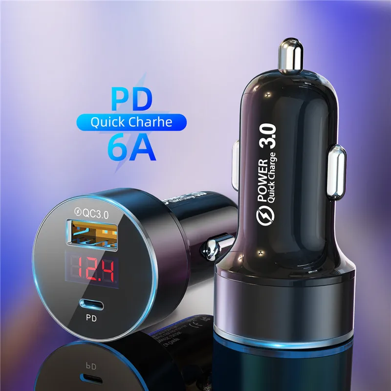 Автомобильное зарядное устройство USLION 36 Вт 6A QC3.0 PD со светодиодным дисплеем