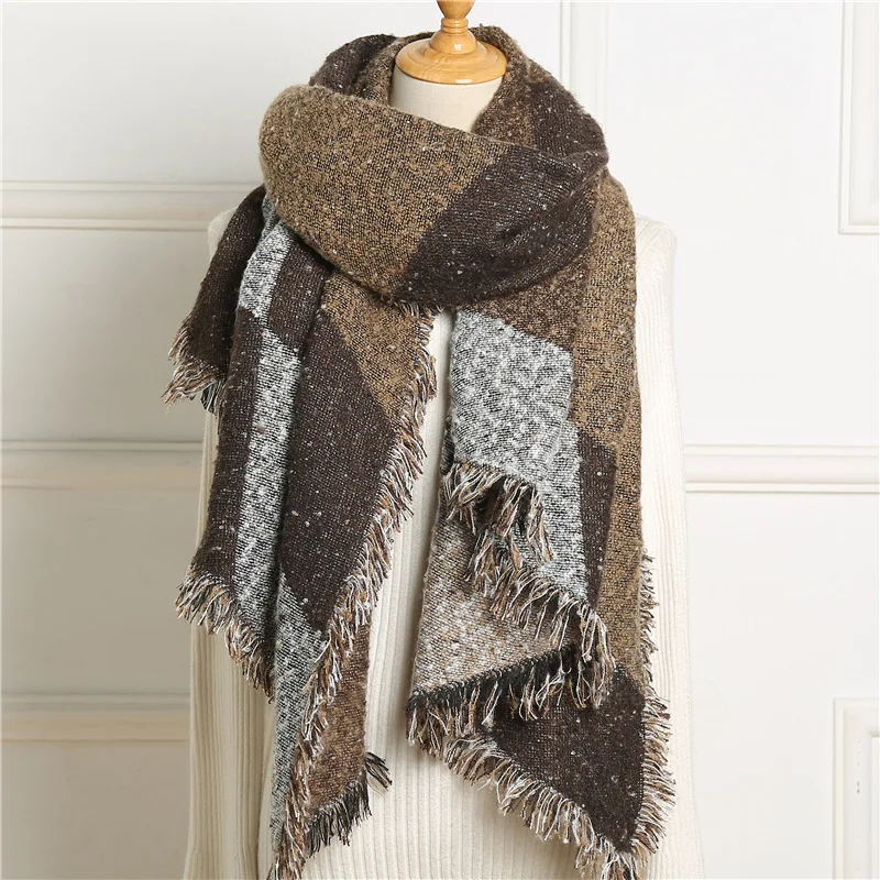 

2020 дизайнерский плотный кашемировый шарф с клетчатым принтом, женские зимние вязаные шали из пашмины с кисточками, ромбовидные шали, женски...