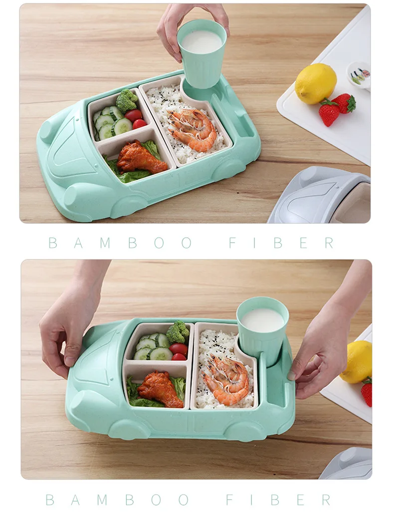 

Creative Cartoon Car Plate Baby Dishes Set Bamboo Fiber Plate+Cup Sub-grid Bowl Children's Gift Tableware Set Feeding Dishes