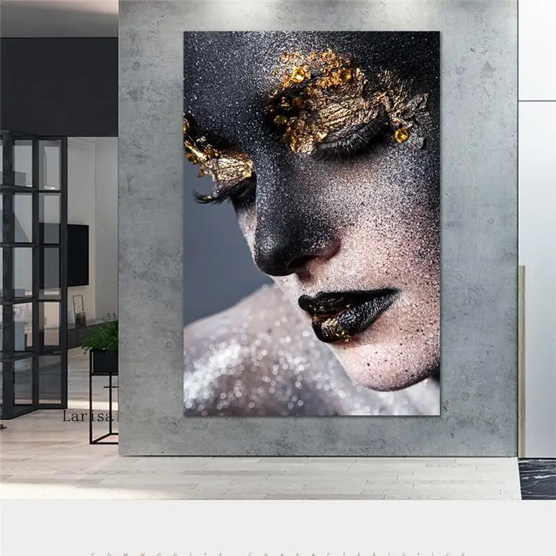 

Modern Home Decor Gold and Black Woman Poster Figure Painting On The Wall Canvas Picture for Interior Loft Decor Frameless