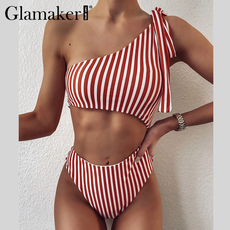 Женский купальник на одно плечо Glamaker в полоску с высокой талией сексуальный