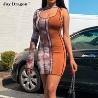 women single sleeve contrast stitching dress slim package hip bodycon dresses 2021new autumn party vintage sexy female elegant