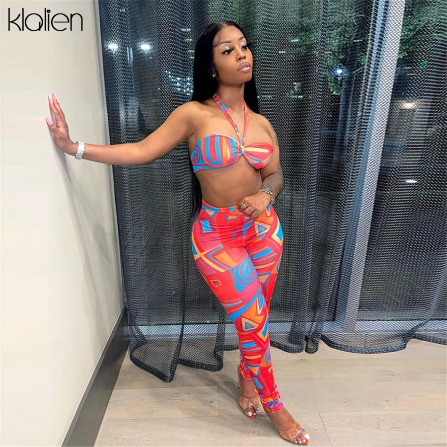 

KLALIEN Women Summer Sexy Hollow Out Low Chest Camisole and Trousers Two Piece Set New 2021 Casual Stretch Slim Female Tracksuit