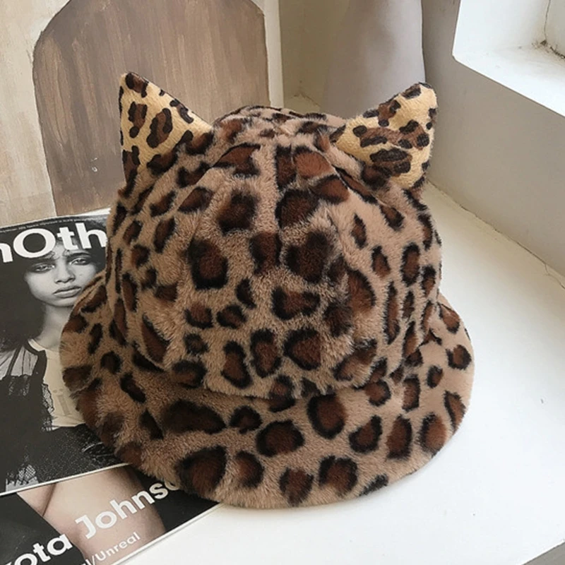 

Women Winter Thicken Fuzzy Plush Dome Bucket Hat Korean Cute Cartoon Cat Ears Leopard Solid Color Warm Fisherman Cap