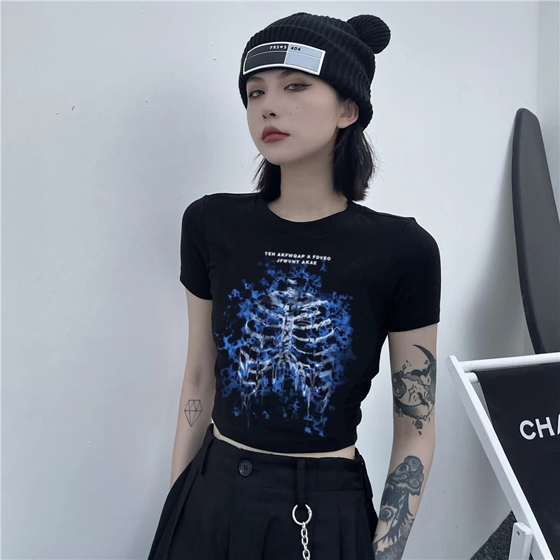 

Y2k clothes grunge short-sleeved T-shirt female gothic Harajuku grunge graphic print aesthetic crop top summer punk streetwear