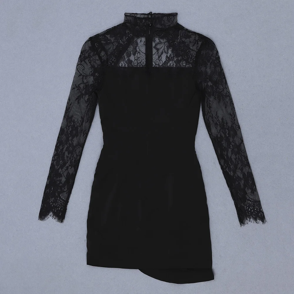 

2020 new women Elegant Sexy black lace v neck long sleeve Celebrity Evening Party Bodycon Bandage dress wholesale