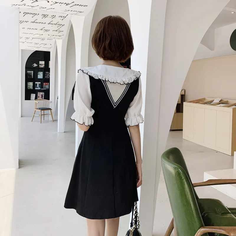 

2020 New Summer Cute Women Dress Collar Slim Collect Waist Fairy Dresses Black Dress Elegant Summer Dress
