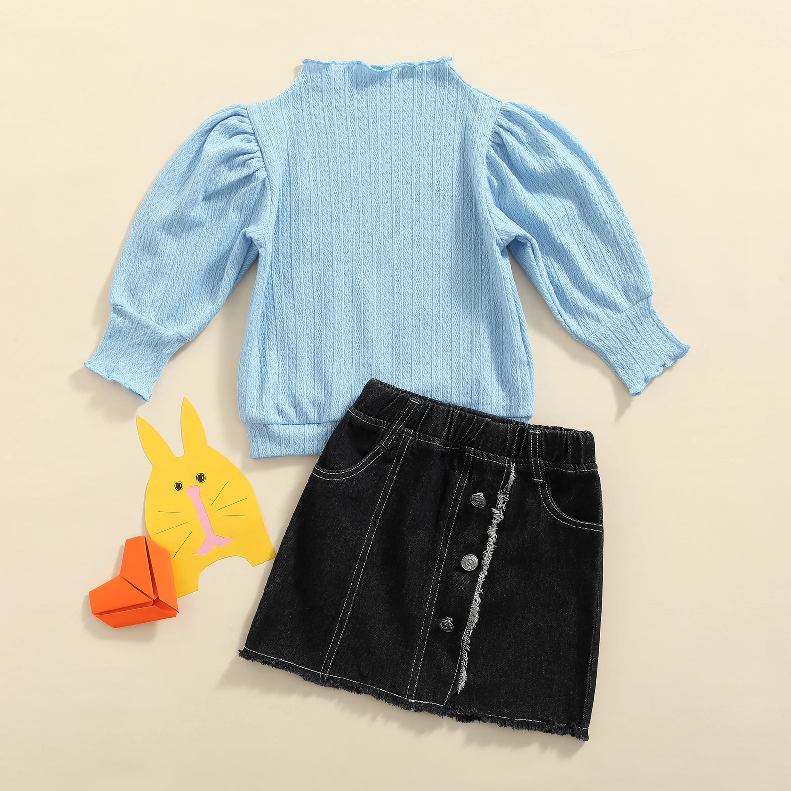 

2Pcs Children's Sets Solid Long Sleeve Pullover Elastic Denim Short Skirt Toddler Girls Spring Autumn Cotton Clothing 1-6 Years