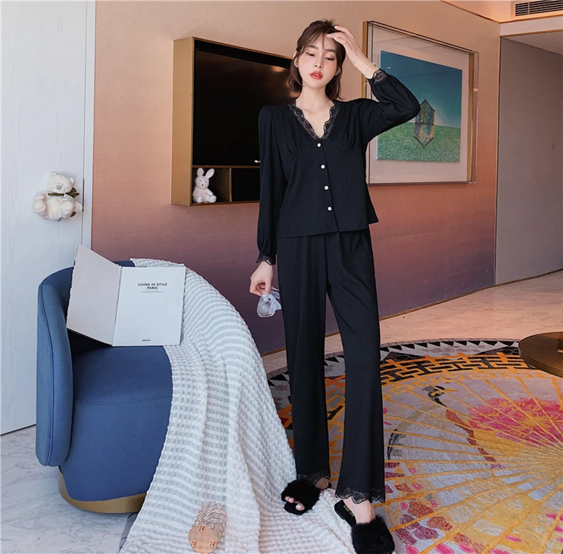 New Fashion Pajamas Women Pit Strips Pure Cotton Comfortable Lace Sexy Court Style Temperament Long-Sleeved Suit Home Service