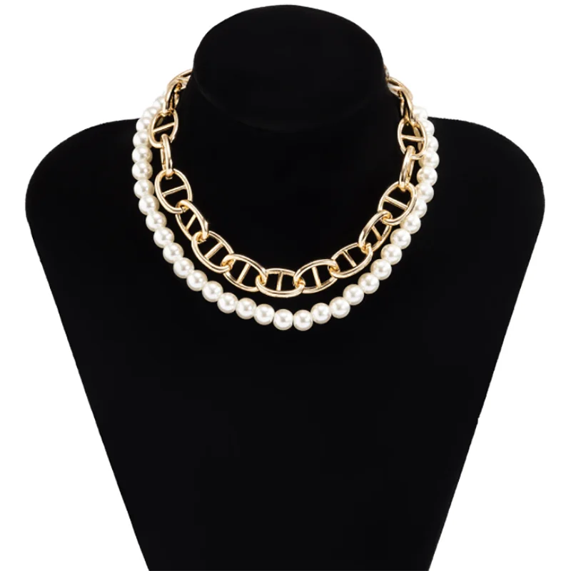 

YOUVI Layered Pearl Beaded Necklace Men's Choker Punk Hip Hop Cuban Pig Nose Chain Necklaces Women Neck Chain Jewelry