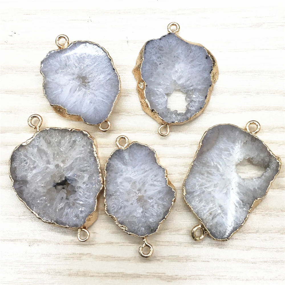 Натуральный белый Агаты ломтик кулон соединители Золотой неровный сырой оникс