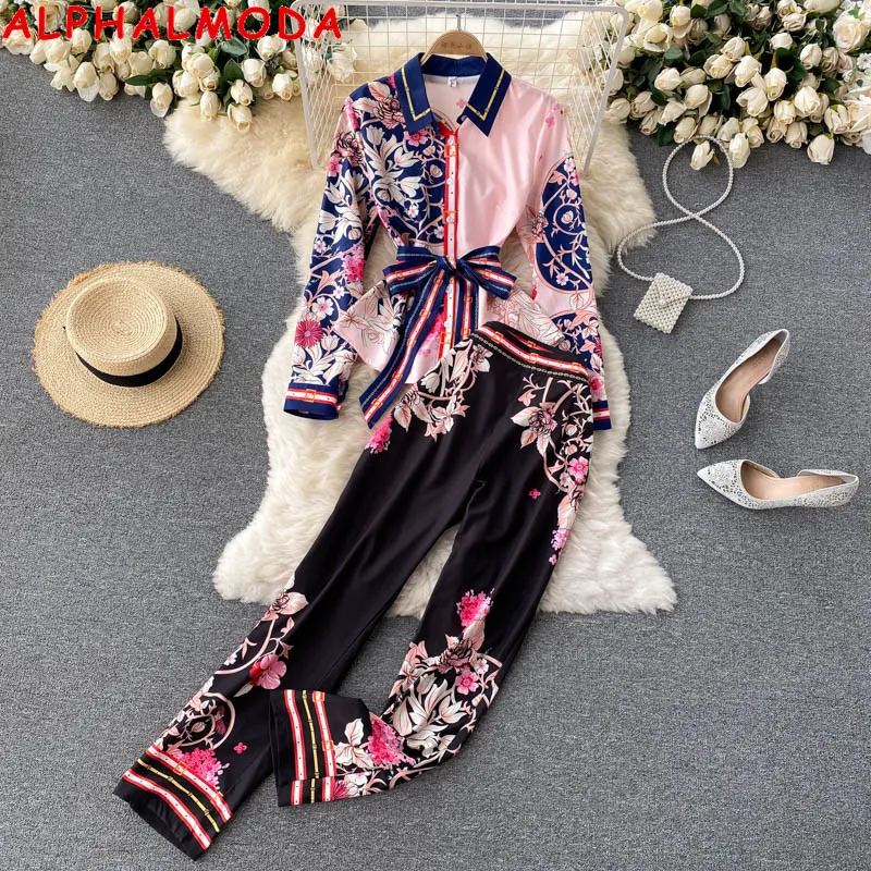 

ALPHALMODA New Autumn Printed Sashes Shirt + Pants 2pcs Set Long Sleeve Printed Blouse Straight Trousers Female 2pcs Suit