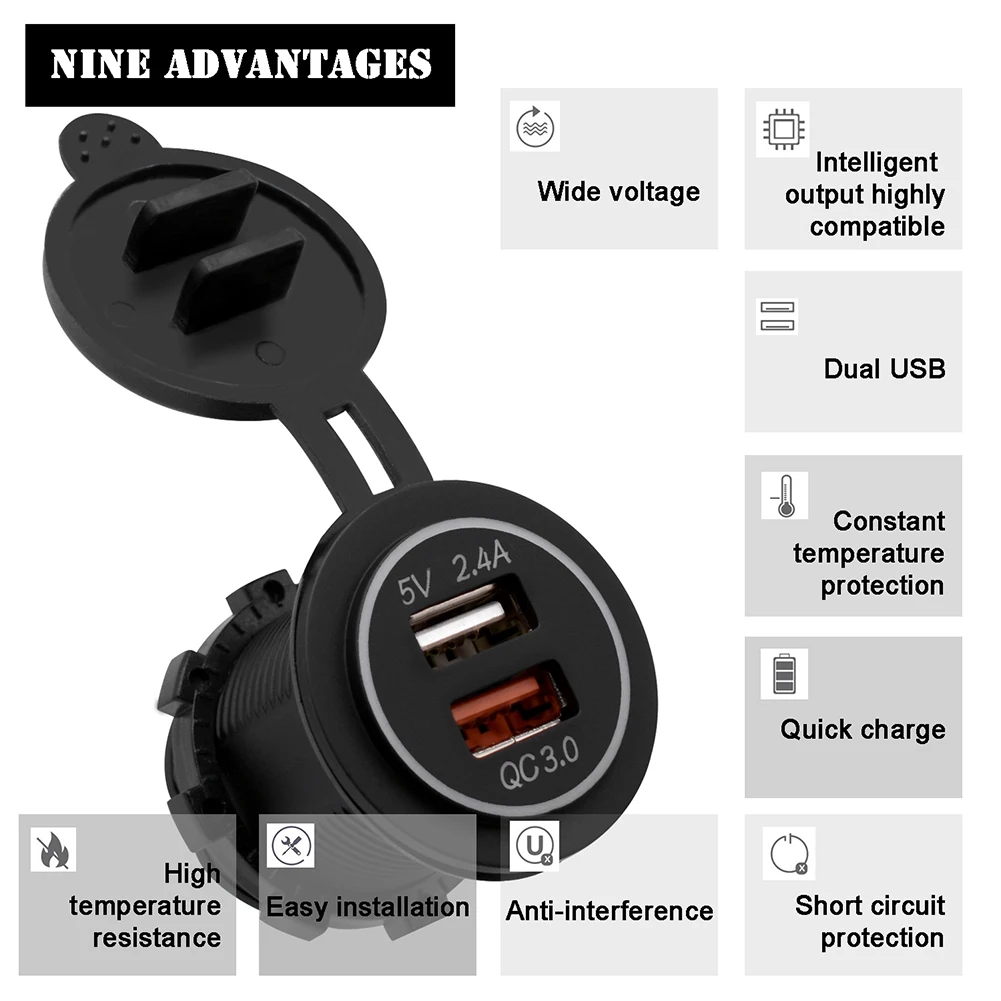 

Dual USB Charger Socket 3.4A QC 3.0 LED Power Outlet with Wires for Car Marine Escondite Secreto Portable Car Accessories