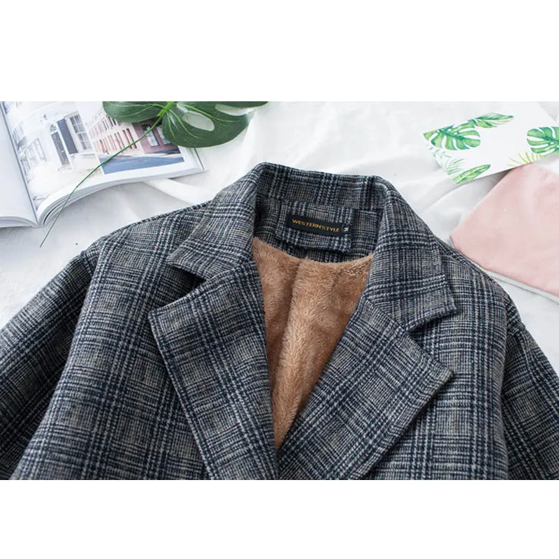 Зимнее бархатное пальто в клетку женские теплые клетчатые шерстяные флисовые