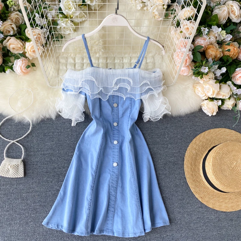 Модное джинсовое платье с открытыми плечами женское платье-спагетти коротким