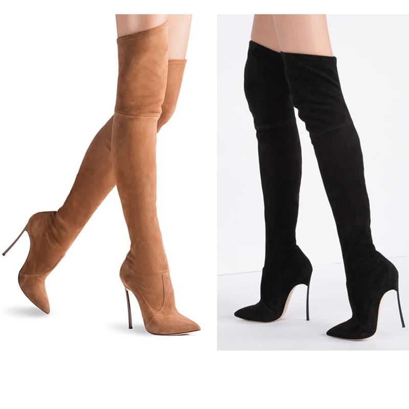 Ботфорты женские замшевые стрейчевая ткань на тонком высоком каблуке пикантные