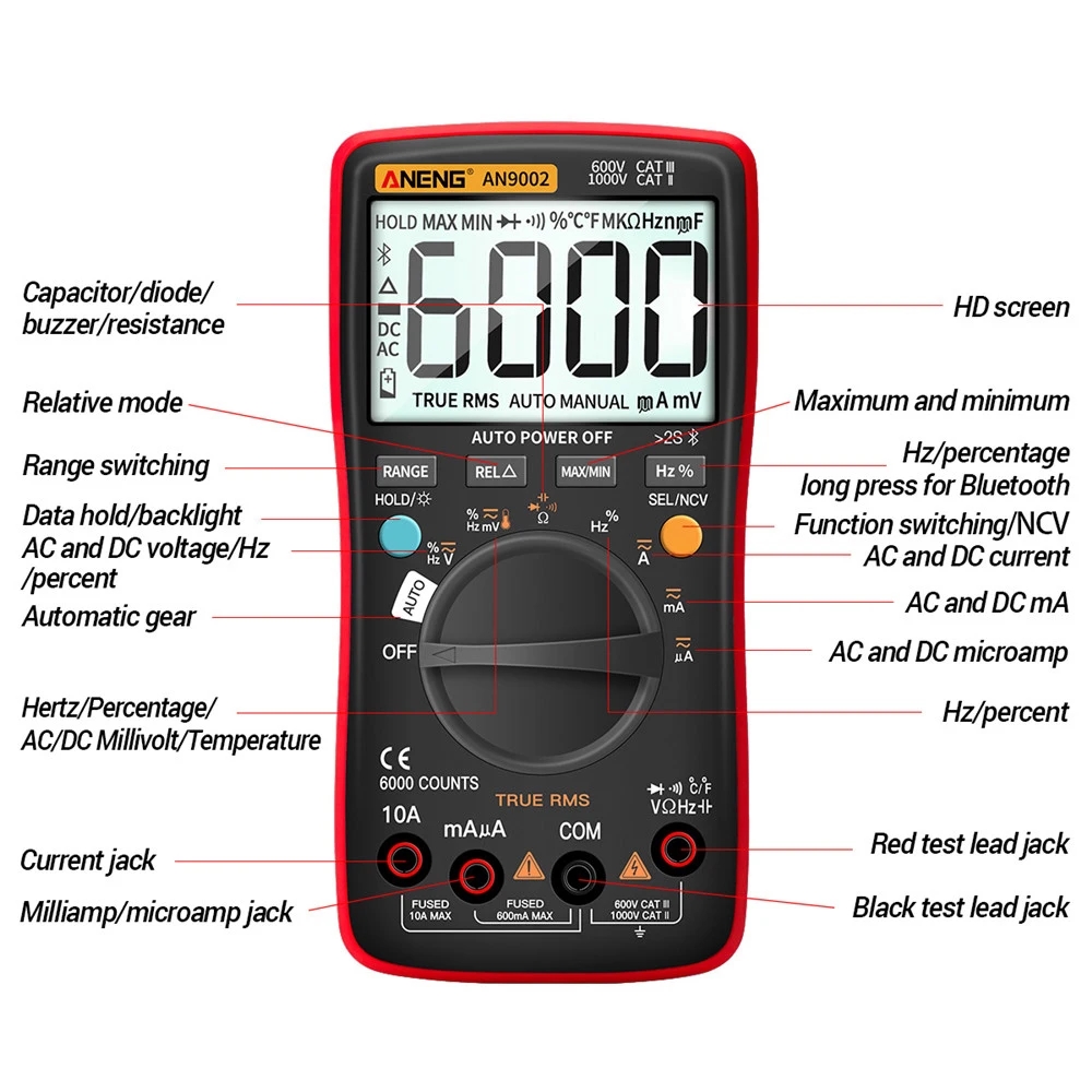 

V05B ST207 AN9002 Bluetooth Digital Multimeter 6000 Counts Professional Multimeter RMS AC/DC Current Voltage Tester Auto-Range