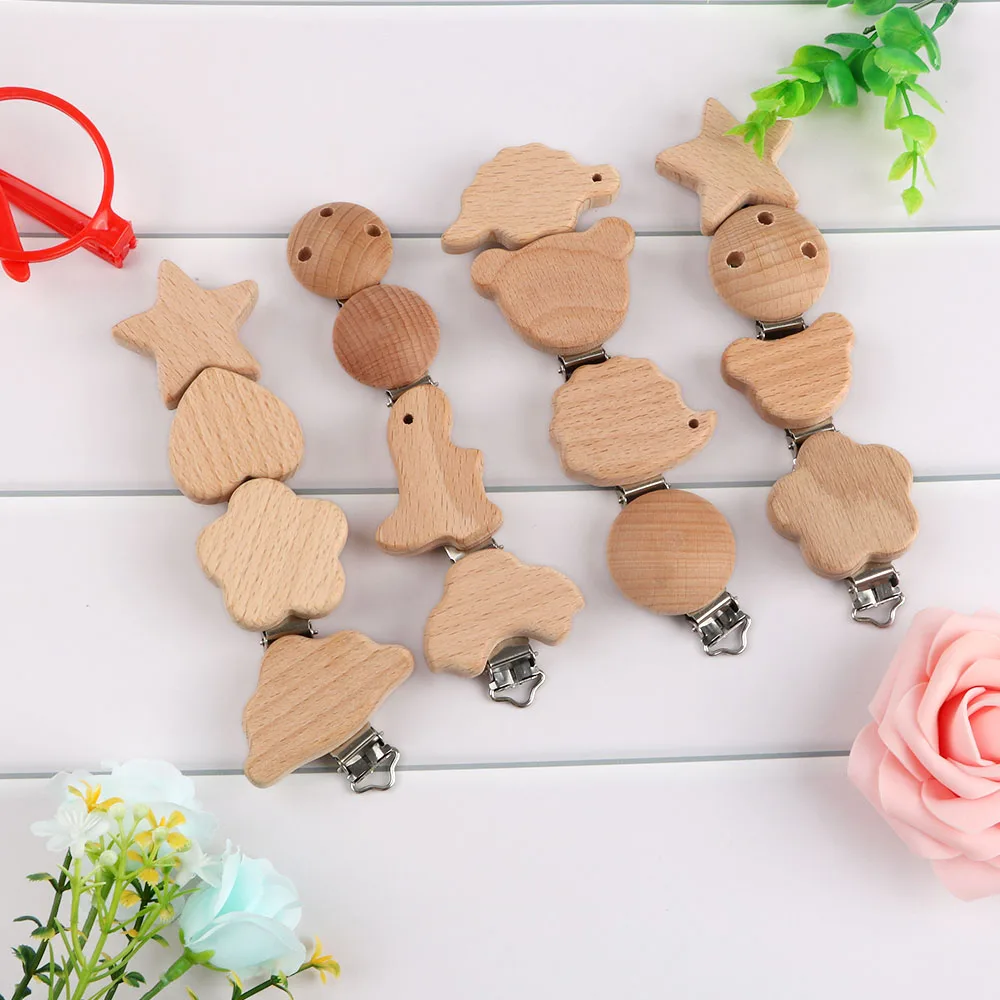 

Kovict 5pcs Woode Pacifier Baby Accessories Beech Wooden Animal Pacifier Metal Clips Holder Heart Pacifier Wooden Baby Teether