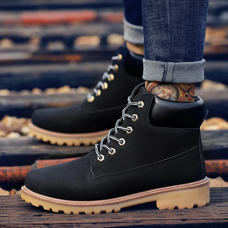 Мужские кожаные ботинки на платформе черные водонепроницаемые ботильоны ручной