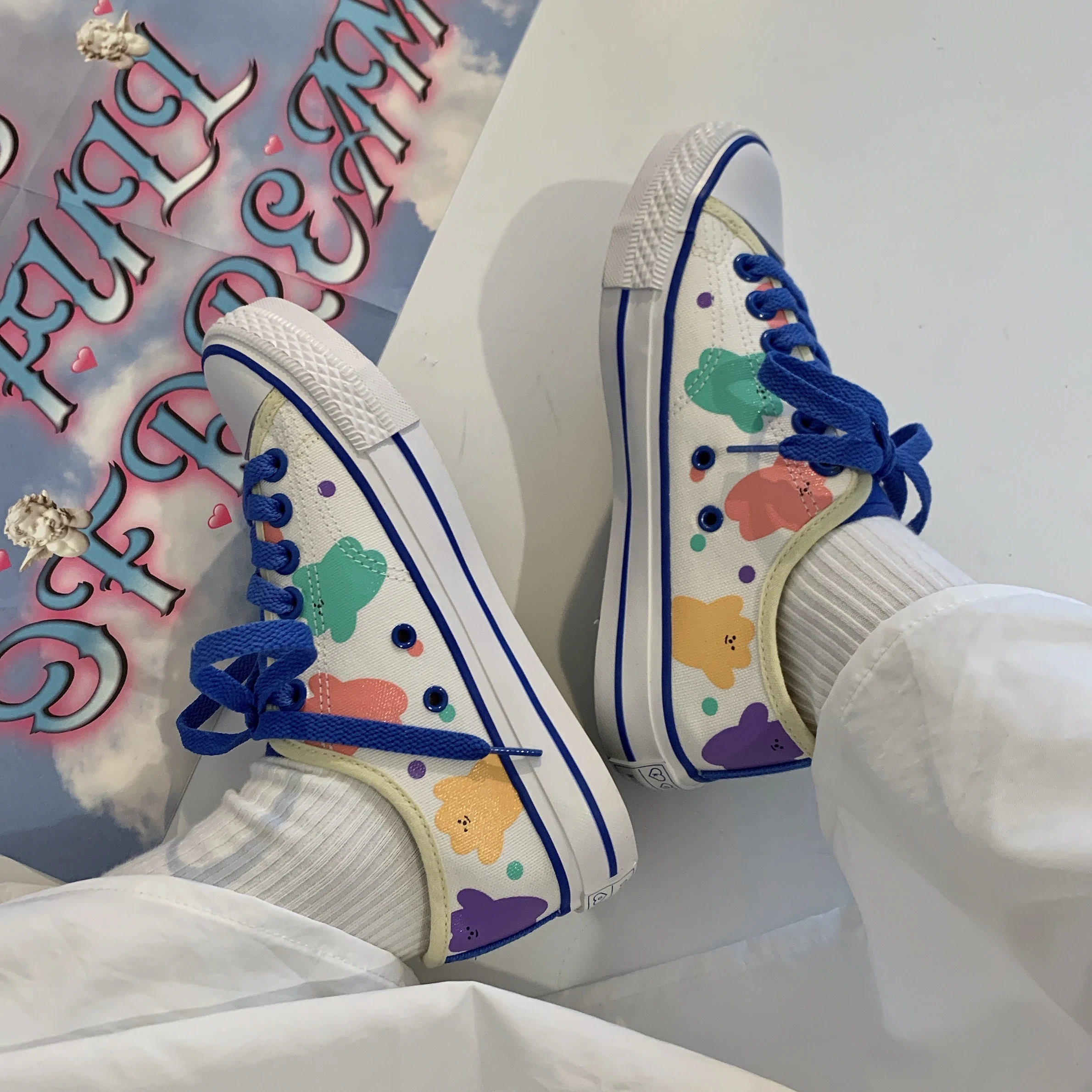 Кеды женские холщовые с принтом медведя высокие кроссовки на толстом каблуке