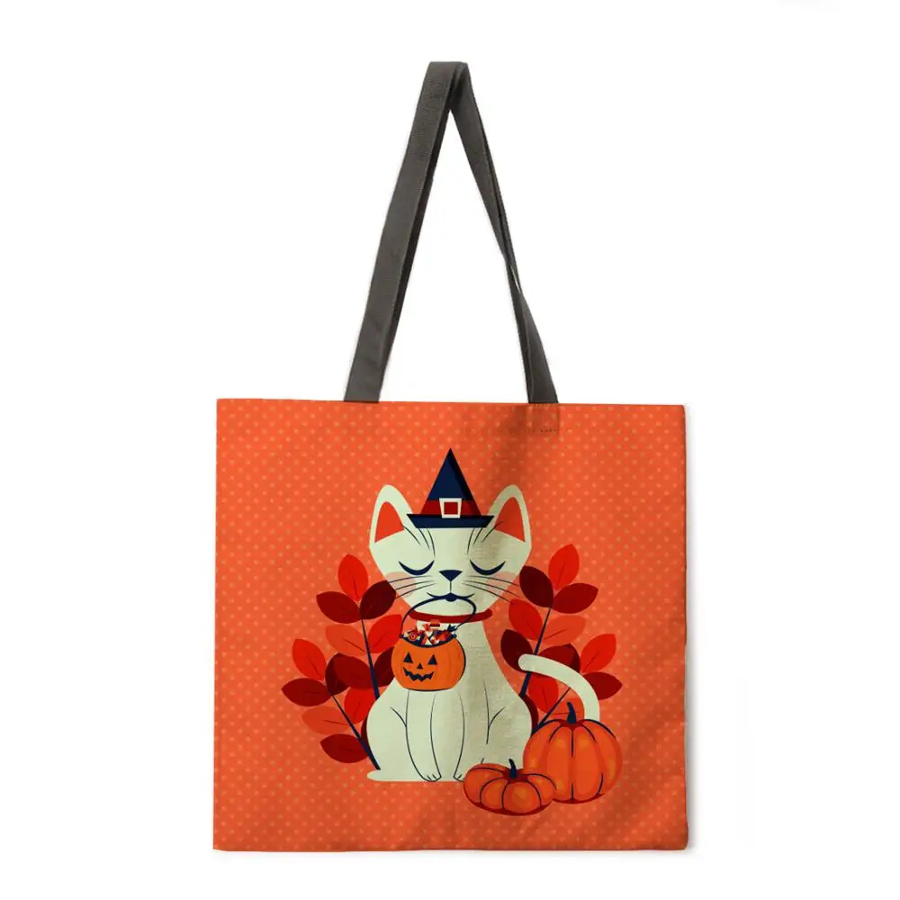 

Halloween pumpkin and kitten linen tote bag beach bag ladies shoulder bag foldable shopping bag reusable fashion bag