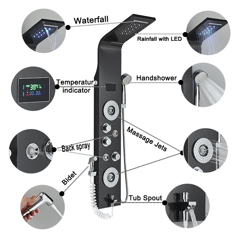 Black LED Light Shower Panel Rainfall or Waterfall ShowerHead SPA Massage Jet Bathroom Column System Bidet Sprayer Faucet |