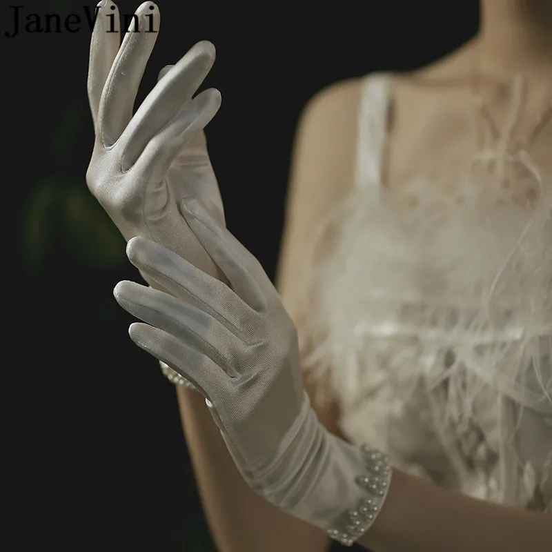 Женские атласные перчатки с жемчугом короткие до запястья | Свадьбы и торжества