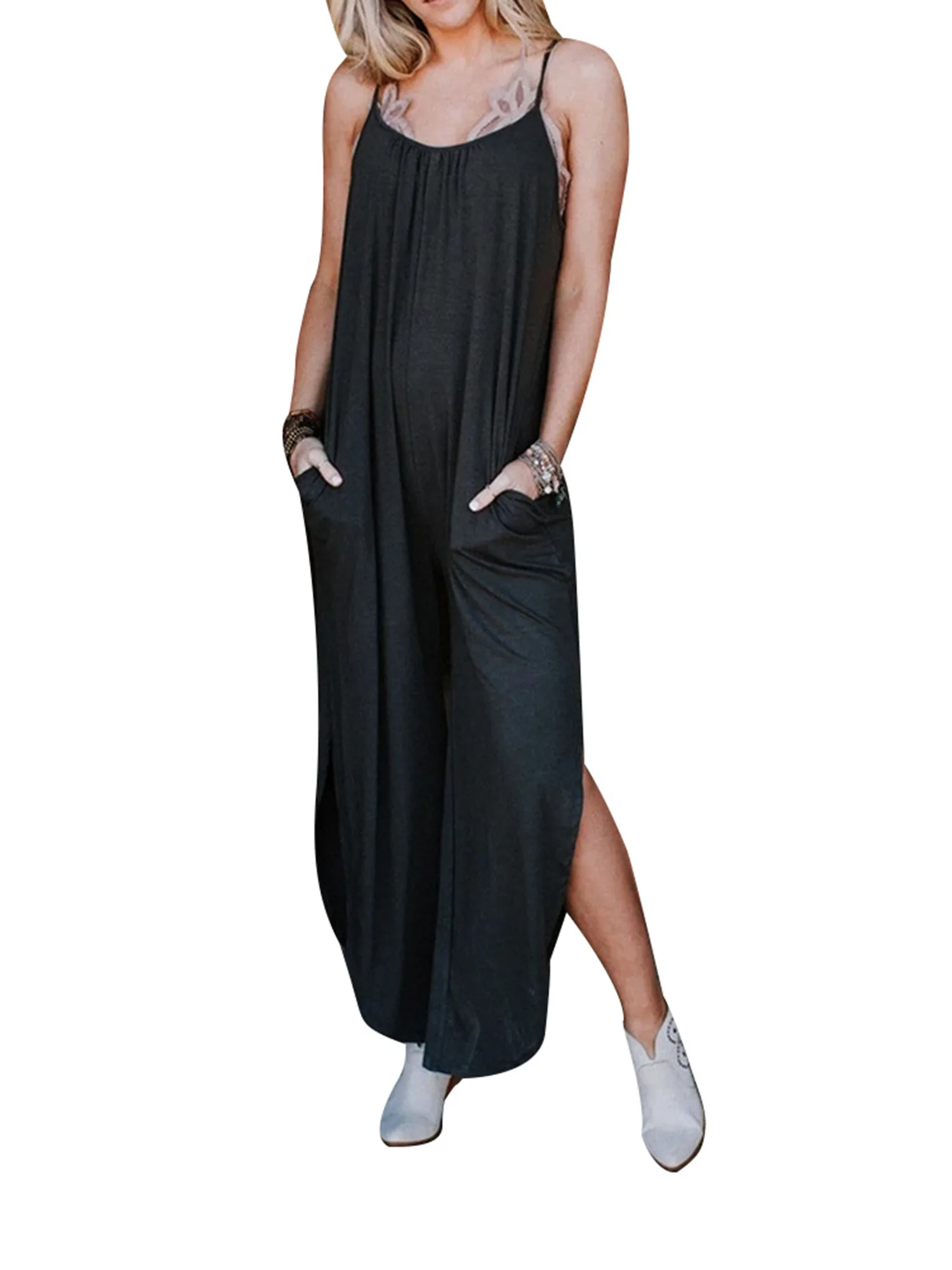 

2020 Women Sexy Backless Split Design Solid Color Jumpsuits Fashionable Sleeveless Cotton Romper Casual Loose Long Jumpsuit